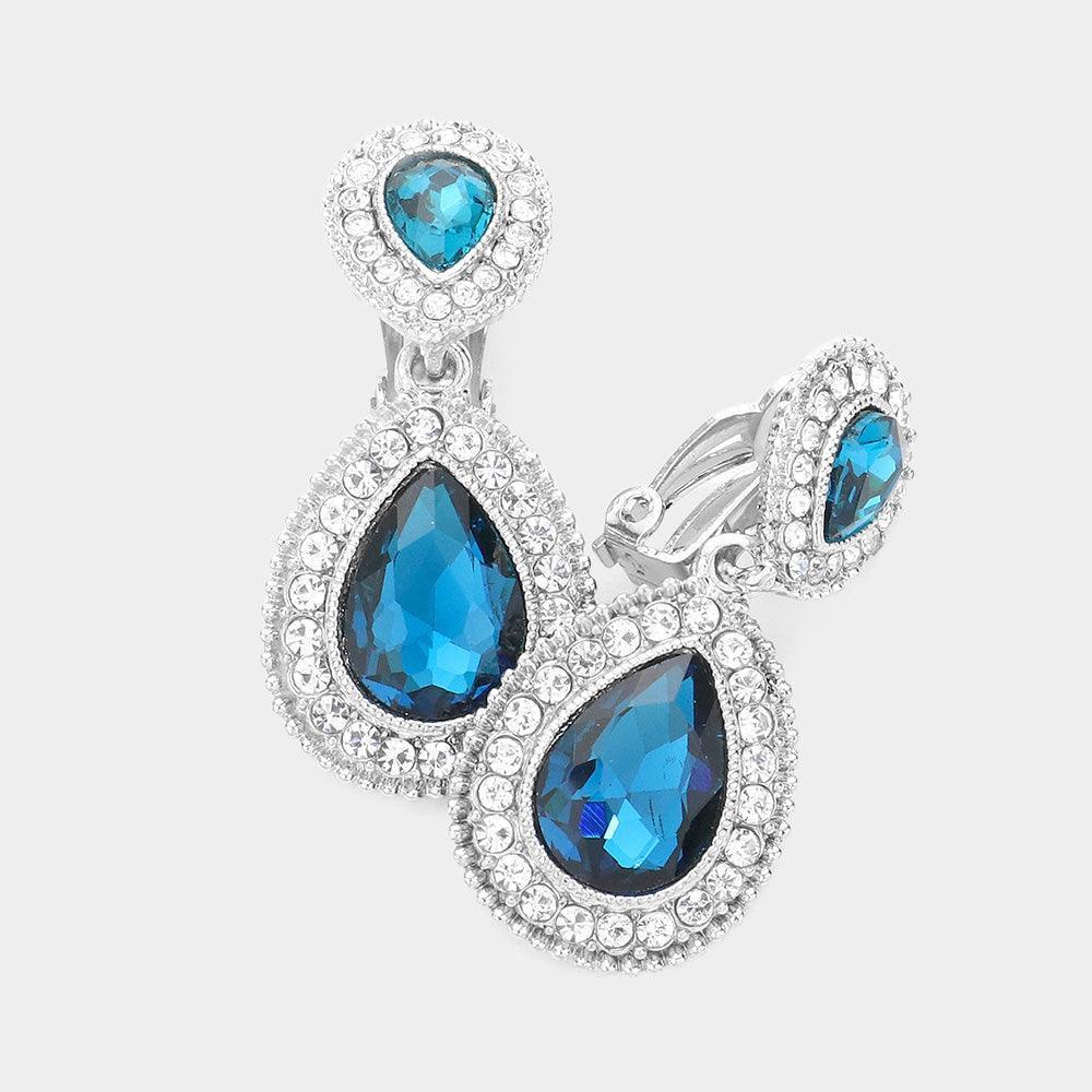 Blue Double Teardrop Link Dangle Evening Clip on Earrings - Jewelry Store by Erik Rayo