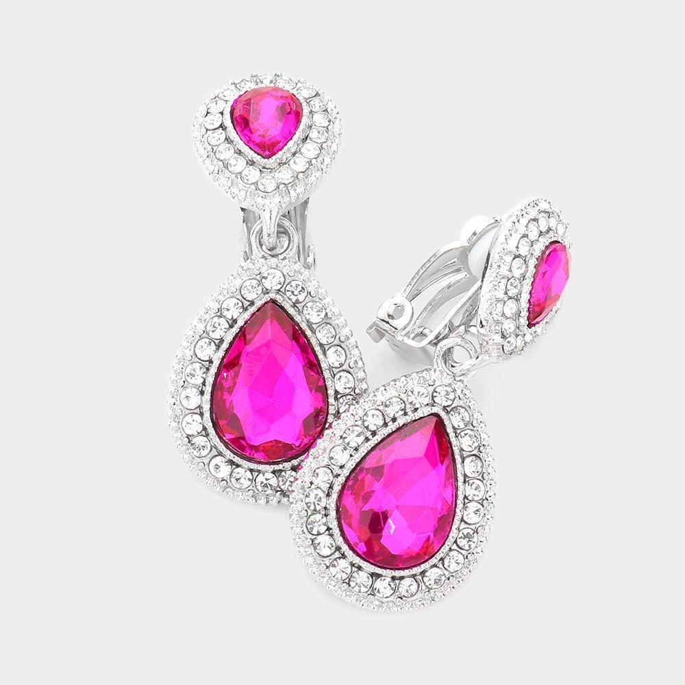 Fuchsia Double Teardrop Link Dangle Evening Clip on Earrings - Jewelry Store by Erik Rayo