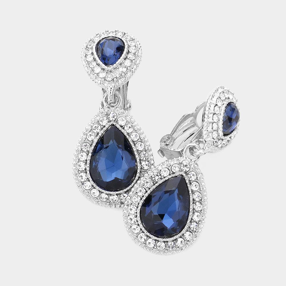 Blue Double Teardrop Link Dangle Evening Clip on Earrings - Jewelry Store by Erik Rayo