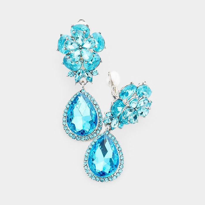Aqua Flower Glass Crystal Teardrop Dangle Clip on Earrings - Jewelry Store by Erik Rayo