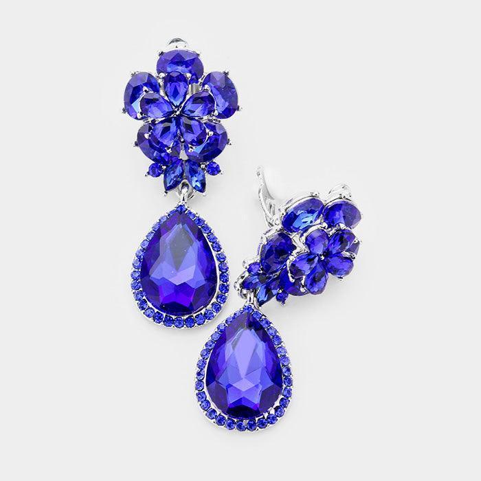 Blue Flower Glass Crystal Teardrop Dangle Clip on Earrings - Jewelry Store by Erik Rayo