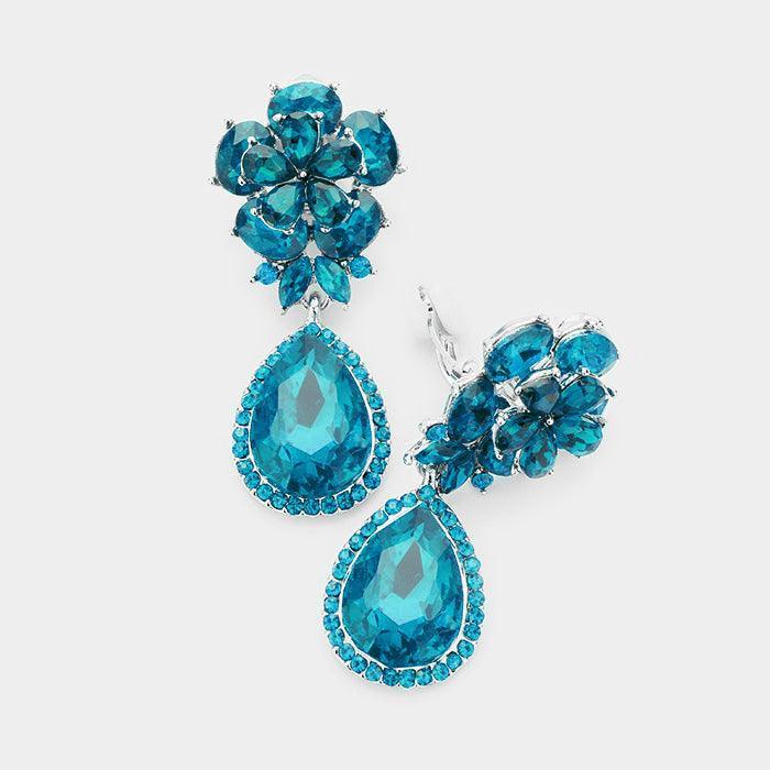 Blue Flower Glass Crystal Teardrop Dangle Clip on Earrings - Jewelry Store by Erik Rayo