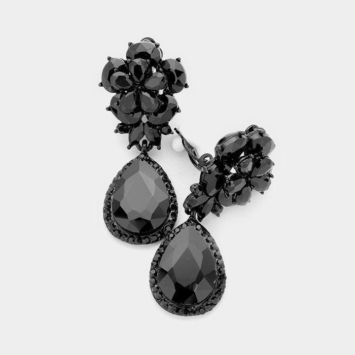 Black Flower Glass Crystal Teardrop Dangle Clip on Earrings - Jewelry Store by Erik Rayo