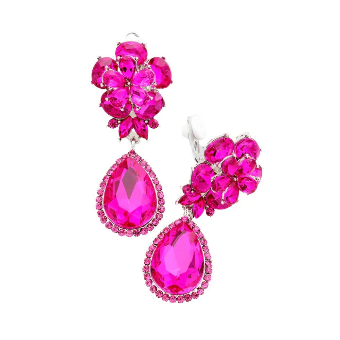 Fuchsia Flower Glass Crystal Teardrop Dangle Clip on Earrings - Jewelry Store by Erik Rayo
