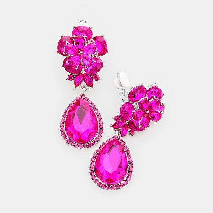 Fuchsia Flower Glass Crystal Teardrop Dangle Clip on Earrings - Jewelry Store by Erik Rayo
