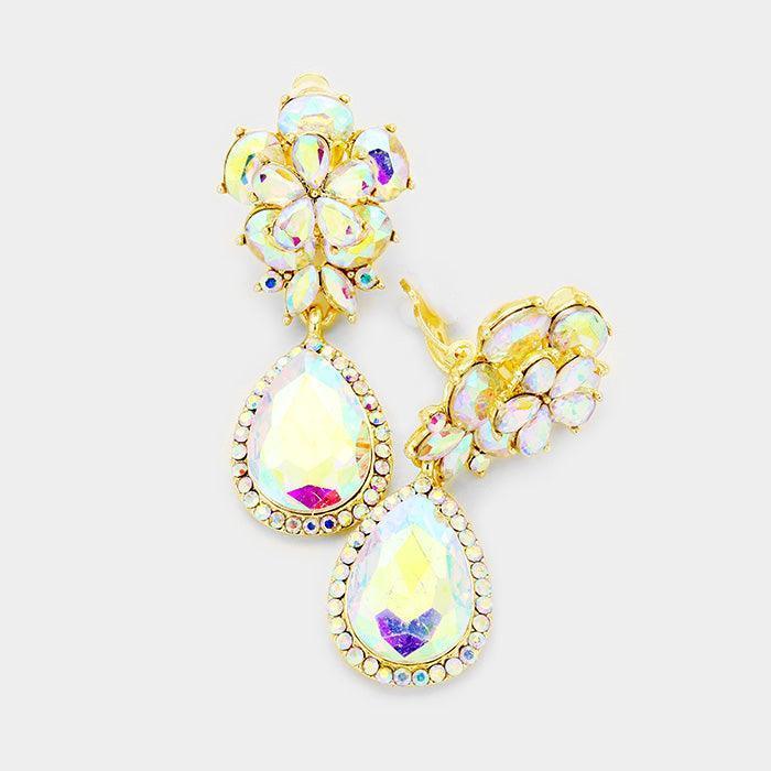 Gold Flower Glass Crystal Teardrop Dangle Clip on Earrings - Jewelry Store by Erik Rayo