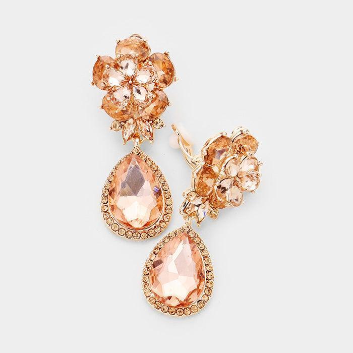 Rose Gold Flower Glass Crystal Teardrop Dangle Clip on Earrings - Jewelry Store by Erik Rayo