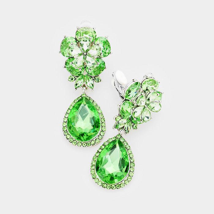 Green Flower Glass Crystal Teardrop Dangle Clip on Earrings - Jewelry Store by Erik Rayo