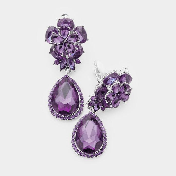 Purple Flower Glass Crystal Teardrop Dangle Clip on Earrings - Jewelry Store by Erik Rayo