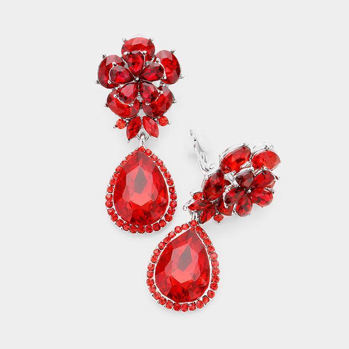 Red Flower Glass Crystal Teardrop Dangle Clip on Earrings - Jewelry Store by Erik Rayo