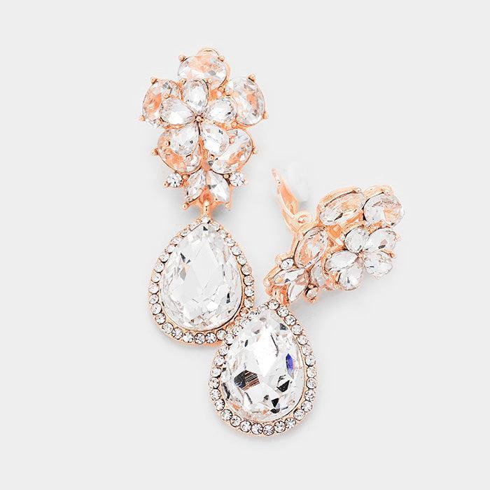 Rose Gold Flower Glass Crystal Teardrop Dangle Clip on Earrings - Jewelry Store by Erik Rayo
