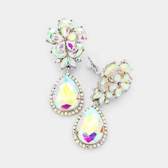 Silver Flower Glass Crystal Teardrop Dangle Clip on Earrings - Jewelry Store by Erik Rayo