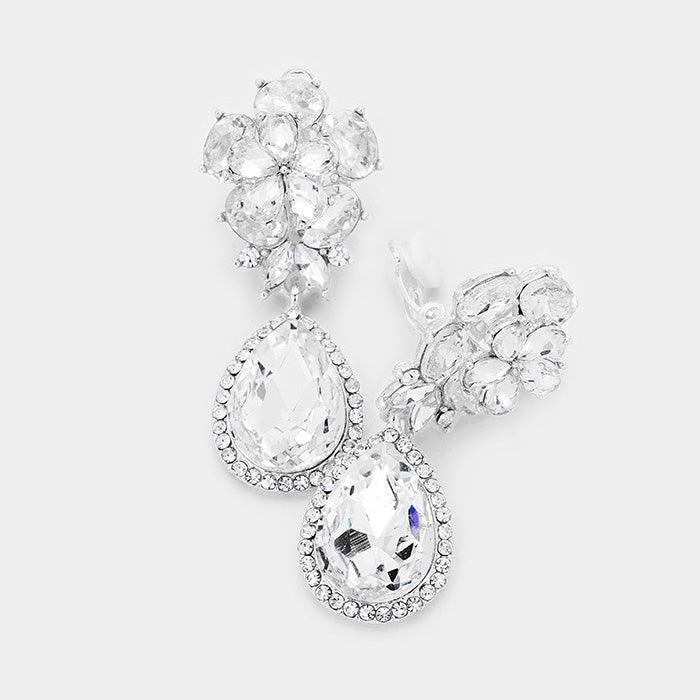 Silver Flower Glass Crystal Teardrop Dangle Clip on Earrings - Jewelry Store by Erik Rayo