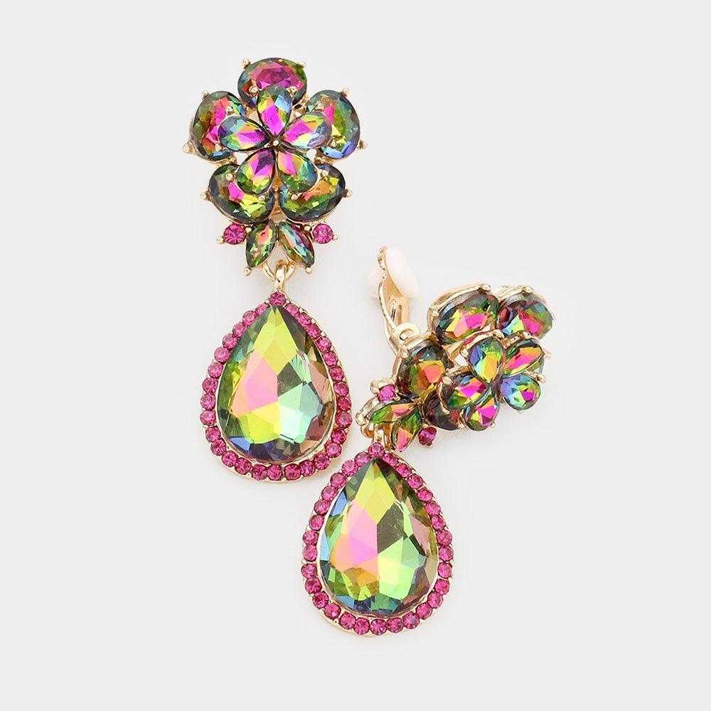 Gold Flower Glass Crystal Teardrop Dangle Clip on Earrings - Jewelry Store by Erik Rayo