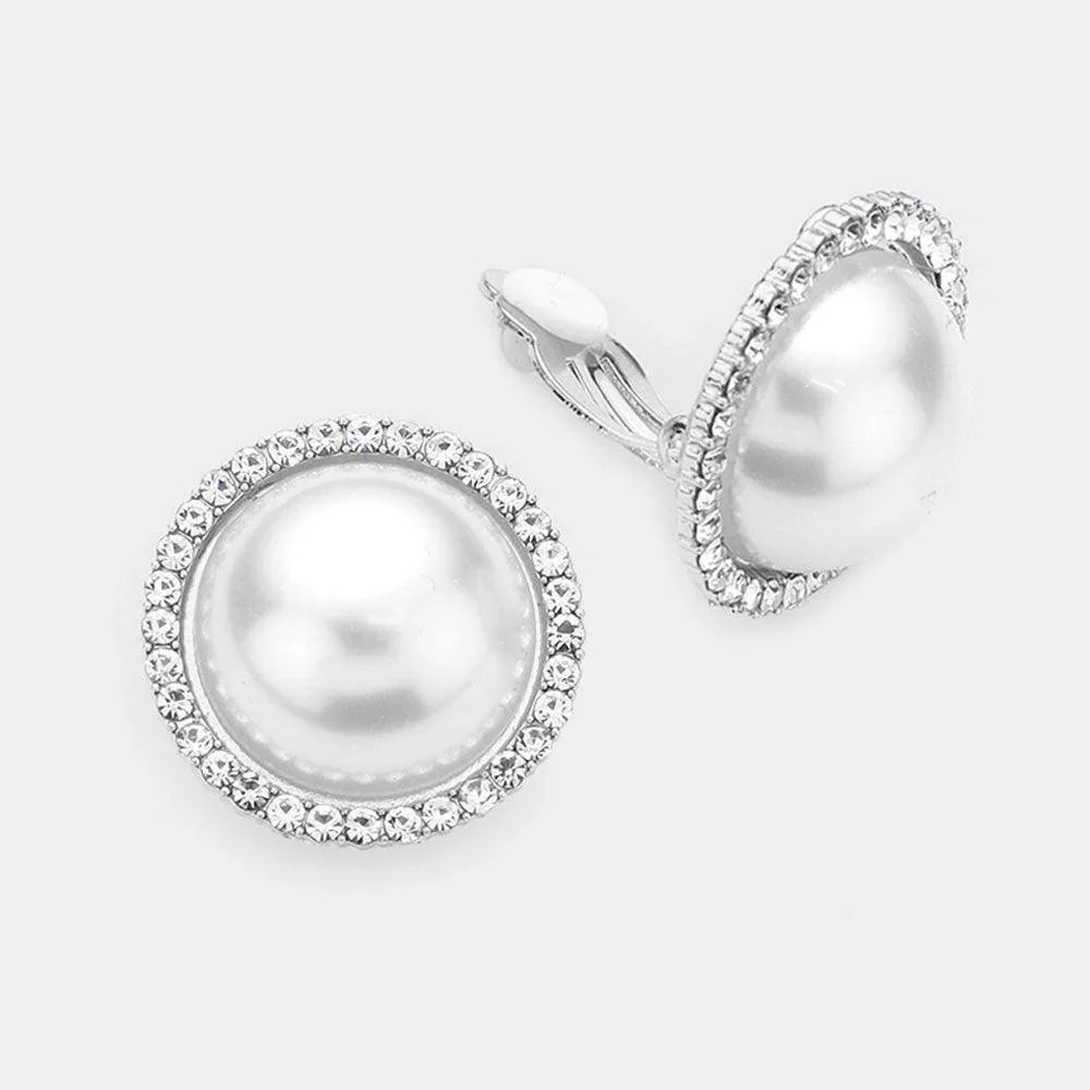 Rhinestone Trim Pearl Clip on Earrings - Jewelry Store by Erik Rayo