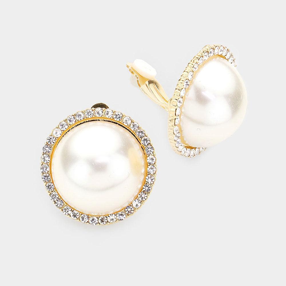 Gold Rhinestone Trim Pearl Clip on Earrings - Jewelry Store by Erik Rayo