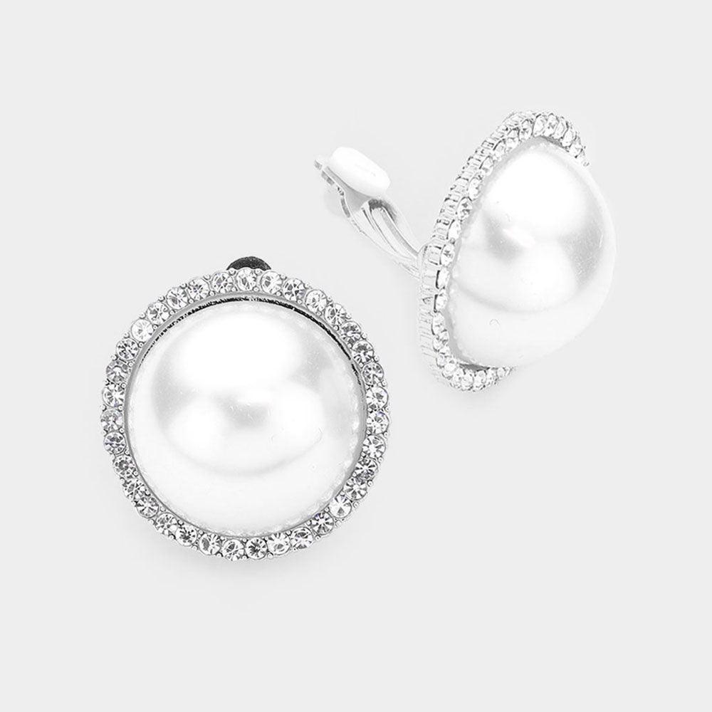 Rhinestone Trim Pearl Clip on Earrings - Jewelry Store by Erik Rayo