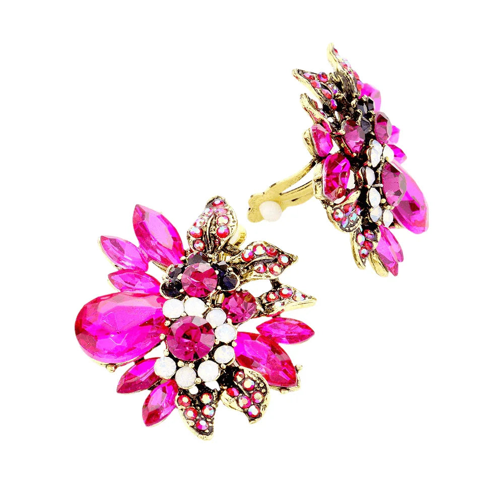 Fuchsia Floral Multi Stone Clip on Evening Earrings - Jewelry Store by Erik Rayo