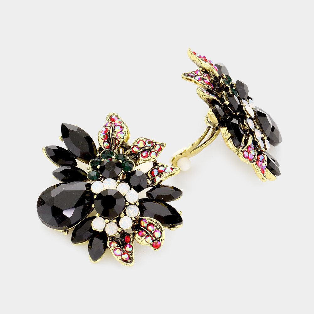 Black Floral Multi Stone Clip on Evening Earrings - Jewelry Store by Erik Rayo