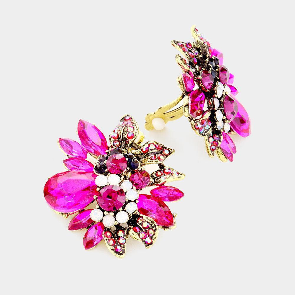 Fuchsia Floral Multi Stone Clip on Evening Earrings - Jewelry Store by Erik Rayo