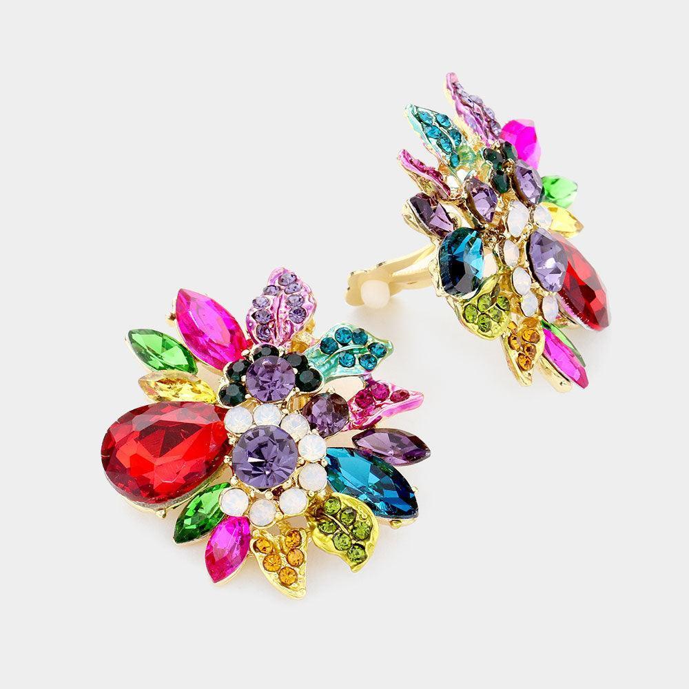 Floral Multi Stone Clip on Evening Earrings - Jewelry Store by Erik Rayo