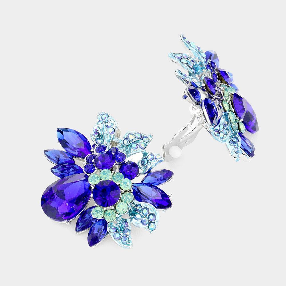 Blue Floral Multi Stone Clip on Evening Earrings - Jewelry Store by Erik Rayo