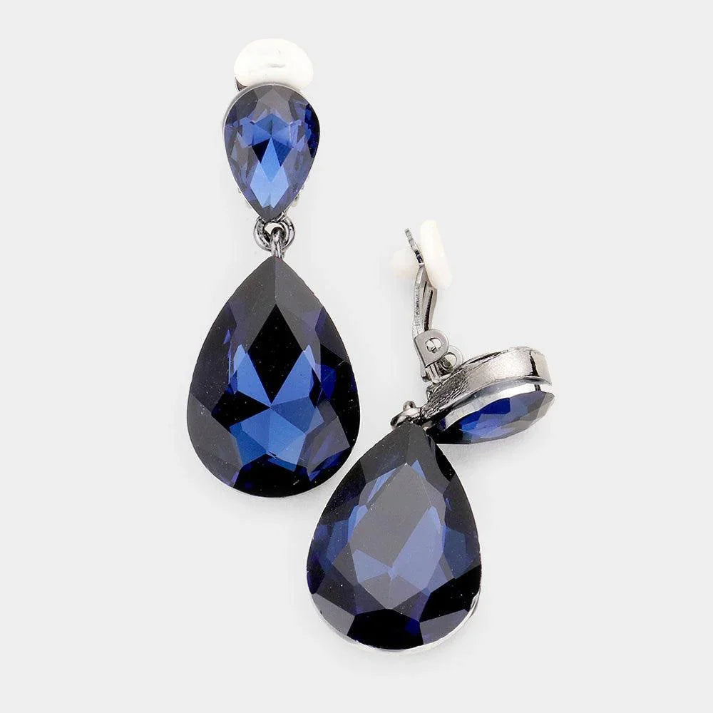Black Double Teardrop Stone Link Clip on Evening Earrings - Jewelry Store by Erik Rayo