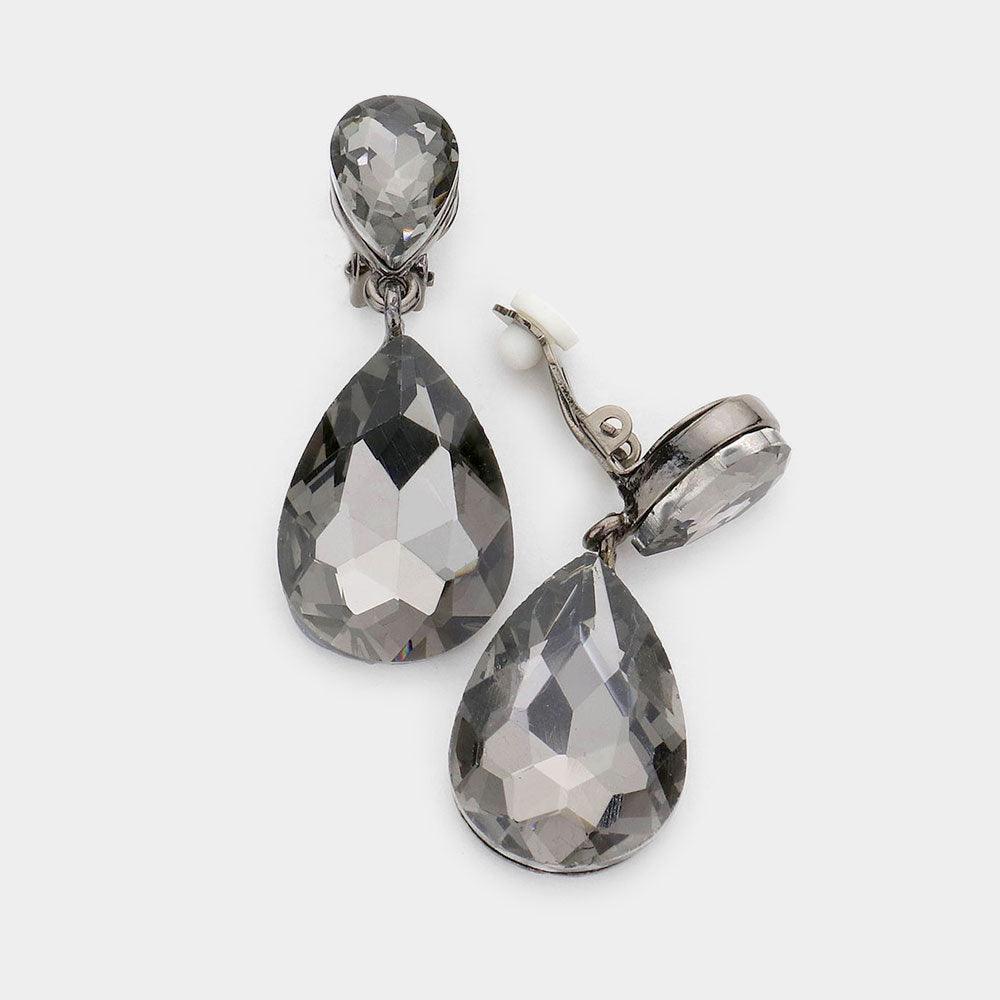 Black Double Teardrop Stone Link Clip on Evening Earrings - Jewelry Store by Erik Rayo