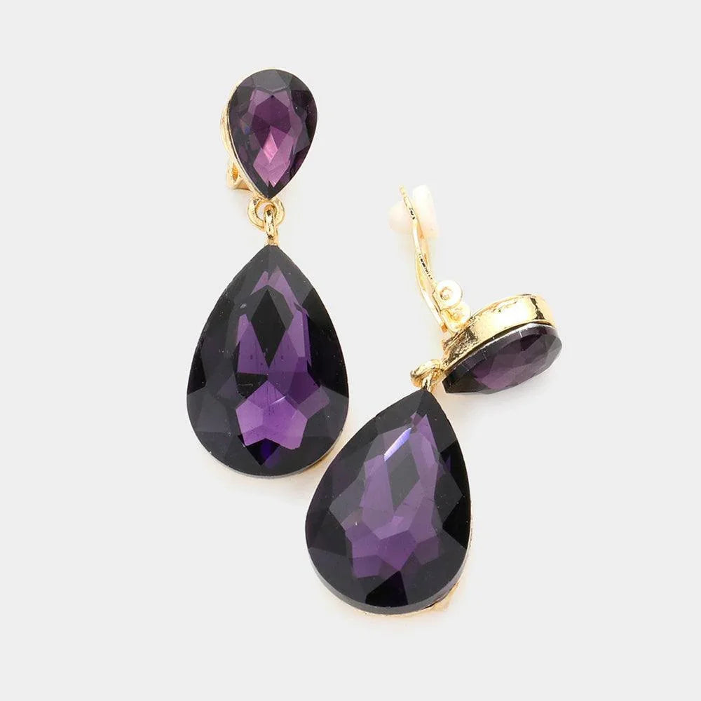 Amethyst Double Teardrop Stone Link Clip on Evening Earrings - Jewelry Store by Erik Rayo
