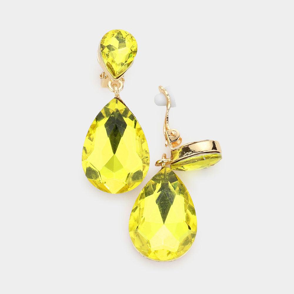 Yellow Double Teardrop Stone Link Clip on Evening Earrings