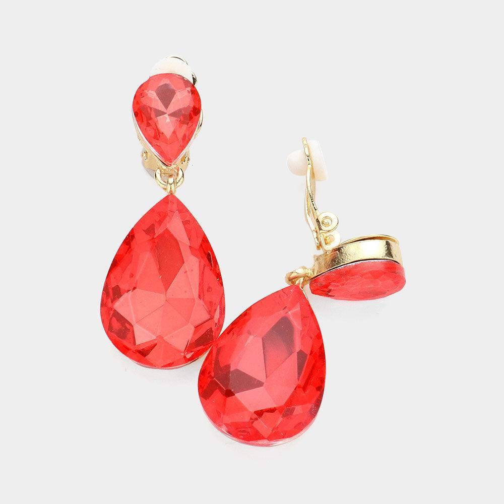 Gold Double Teardrop Stone Link Clip on Evening Earrings