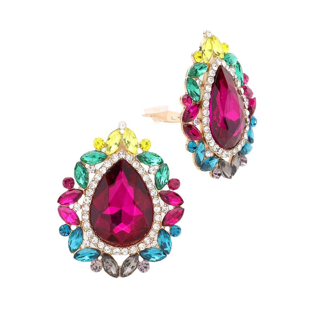 Teardrop Stone Accented Clip on Evening Earrings