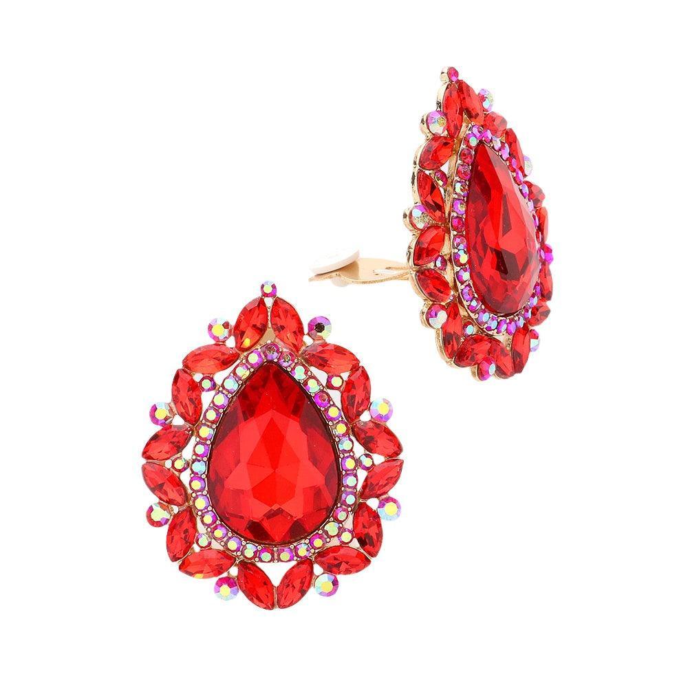 Red Teardrop Stone Accented Clip on Evening Earrings