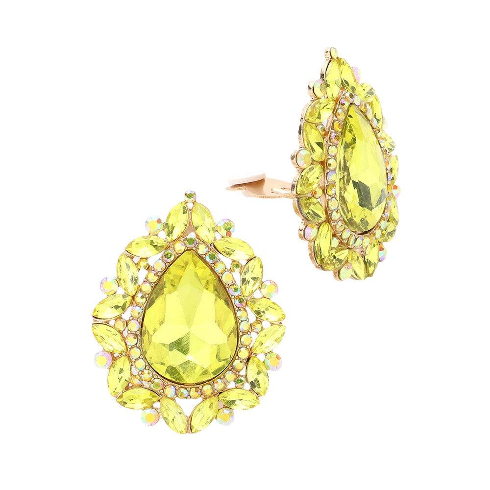 Yellow Teardrop Stone Accented Clip on Evening Earrings