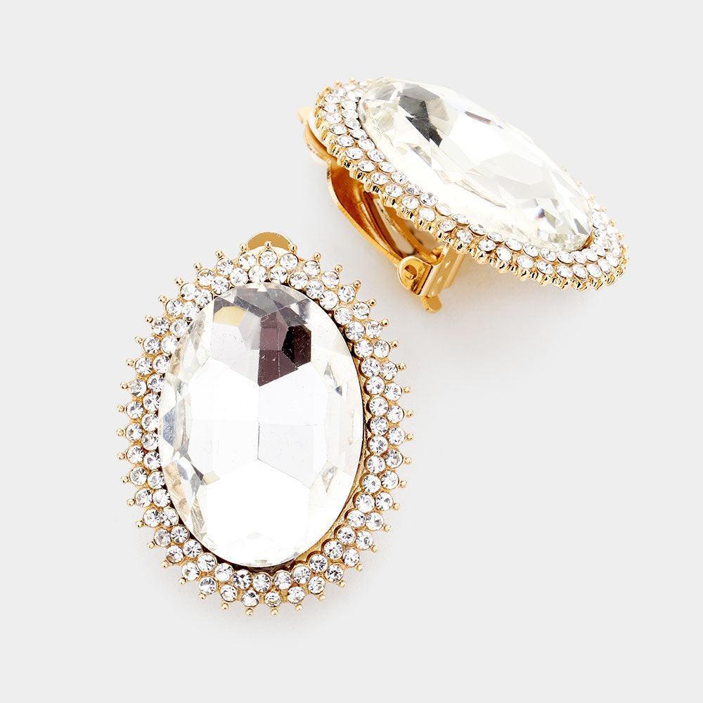 Gold Rhinestone Trim Oval Evening Clip on Earrings - Jewelry Store by Erik Rayo