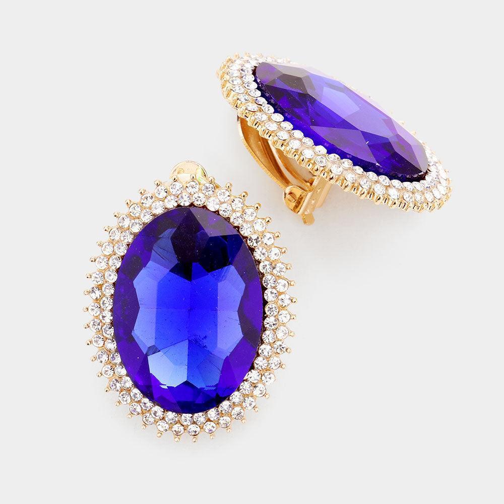 Blue Rhinestone Trim Oval Evening Clip on Earrings - Jewelry Store by Erik Rayo