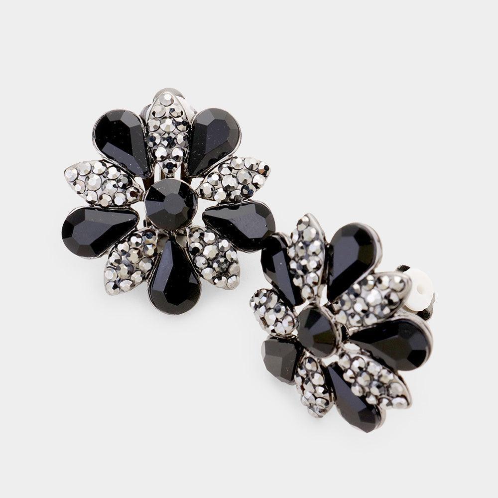 Black Pave Crystal Teardrop Floral Evening Clip On Earrings - Jewelry Store by Erik Rayo