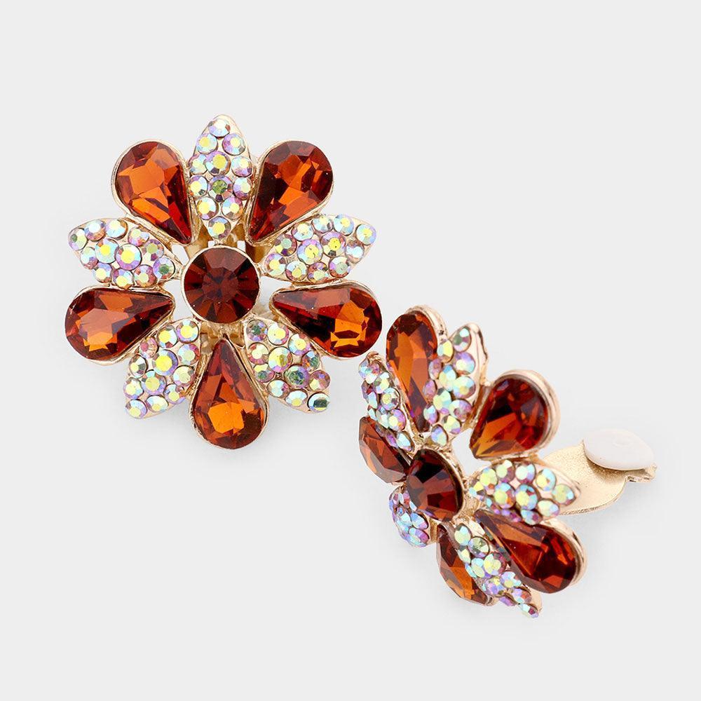 Brown Pave Crystal Teardrop Floral Evening Clip On Earrings - Jewelry Store by Erik Rayo