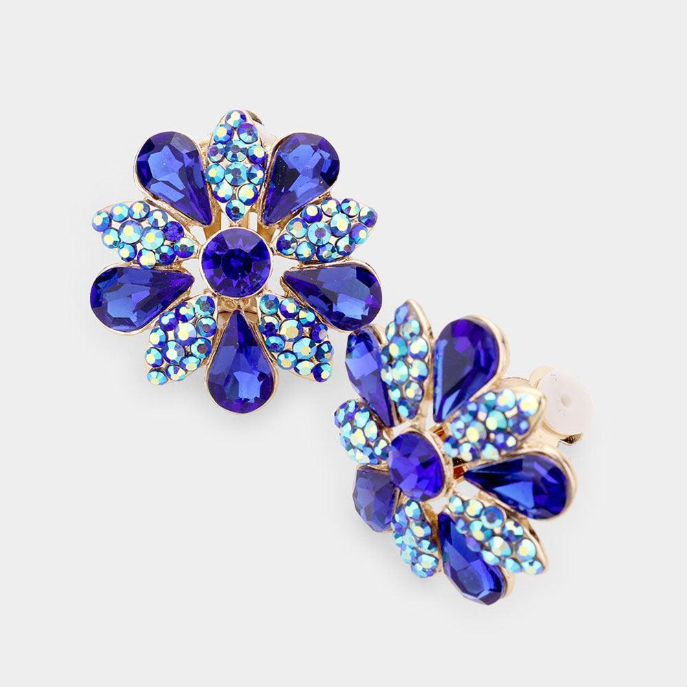 Blue Pave Crystal Teardrop Floral Evening Clip On Earrings - Jewelry Store by Erik Rayo