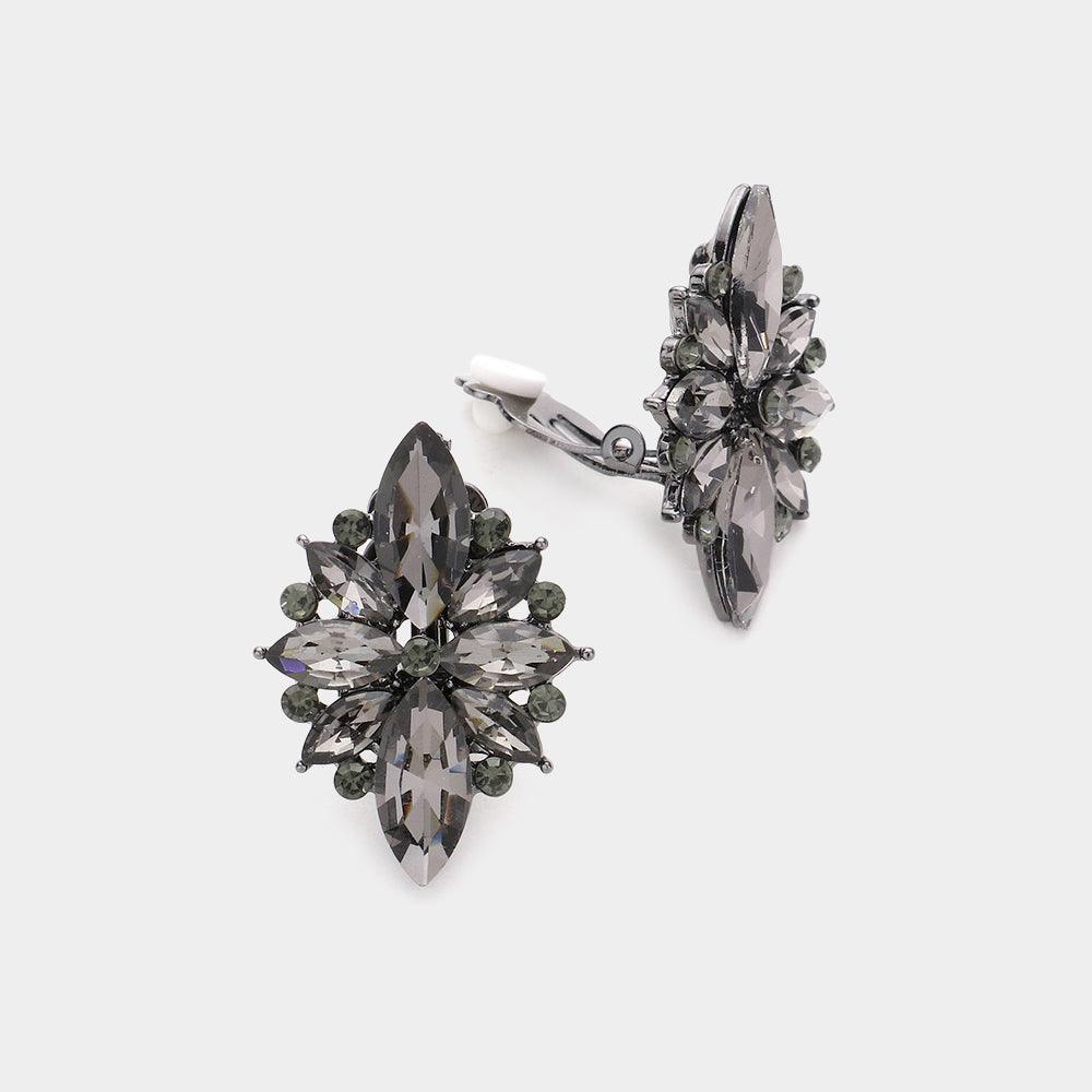 Black Marquise Round Stone Cluster Clip on Evening Earrings - Jewelry Store by Erik Rayo