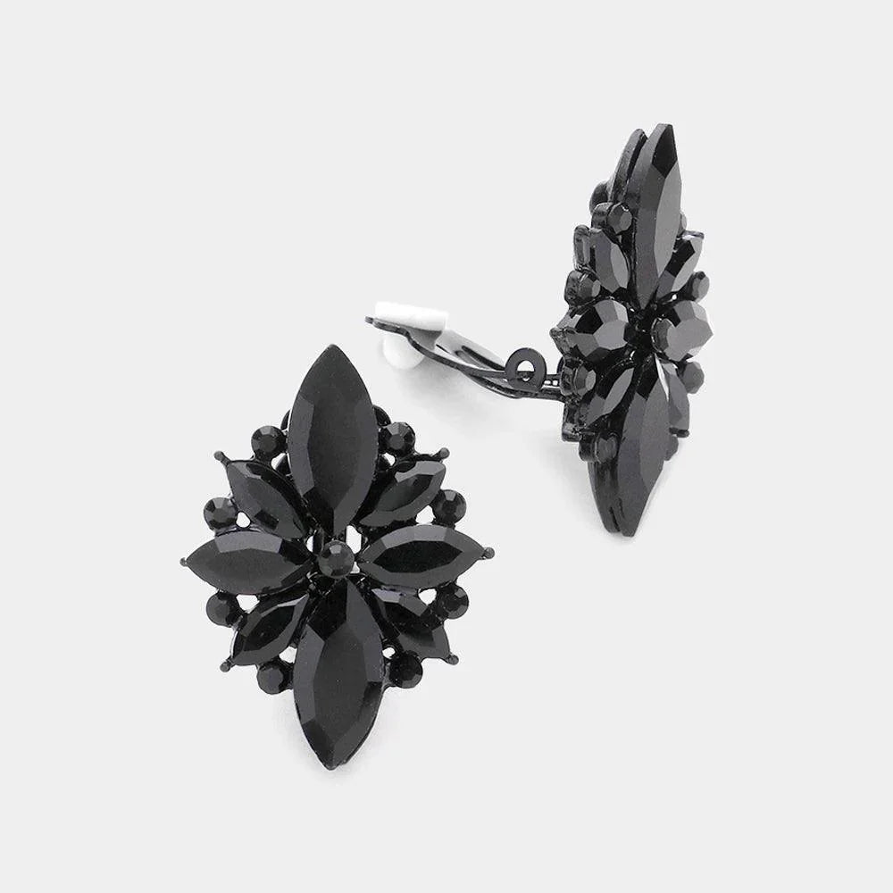 Black Marquise Round Stone Cluster Clip on Evening Earrings - Jewelry Store by Erik Rayo