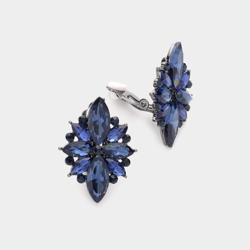 Blue Marquise Round Stone Cluster Clip on Evening Earrings - Jewelry Store by Erik Rayo
