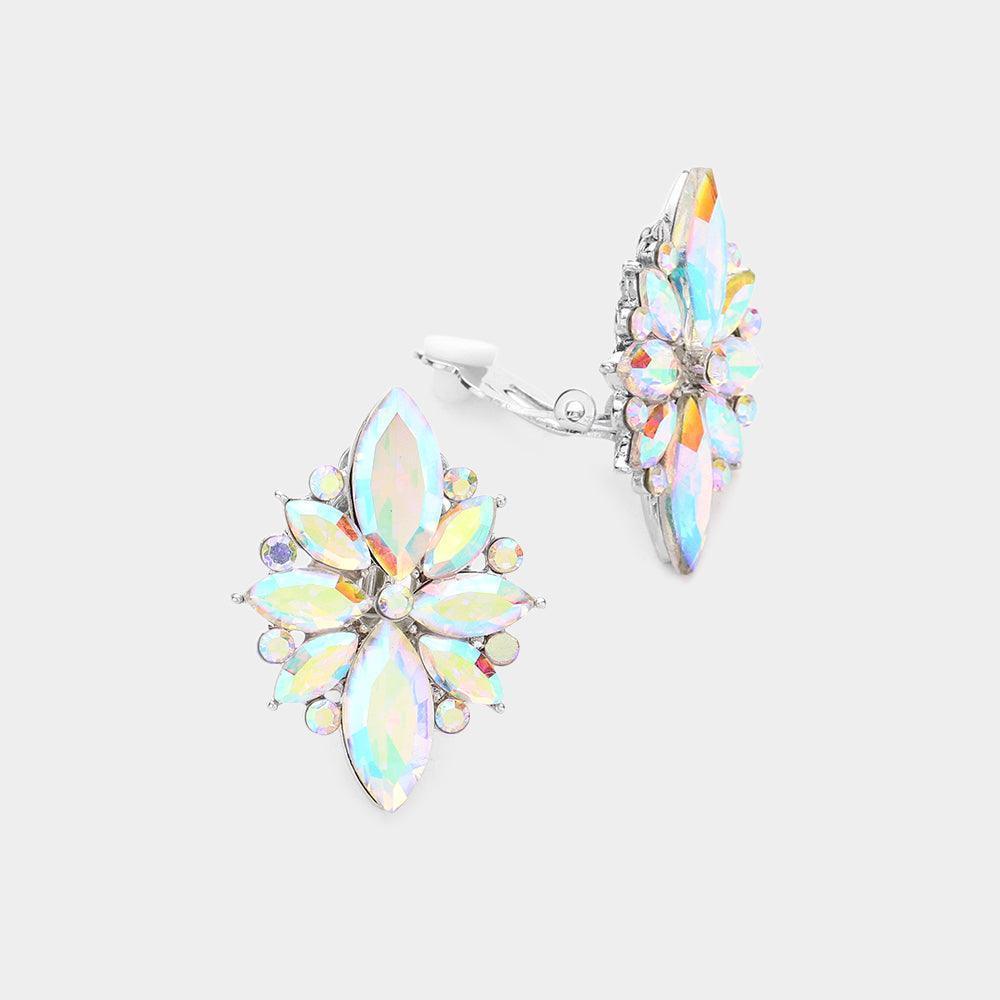 Silver Marquise Round Stone Cluster Clip on Evening Earrings - Jewelry Store by Erik Rayo