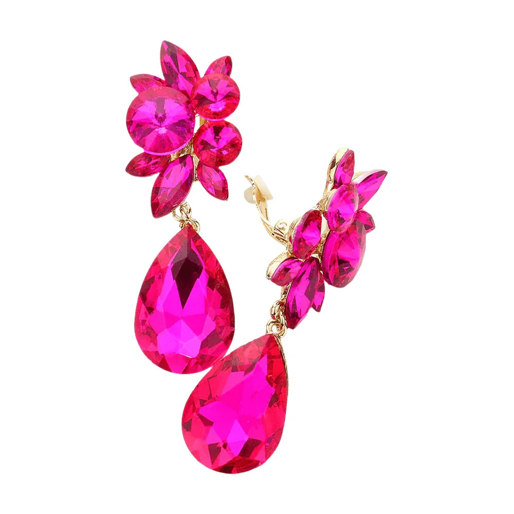 Fuchsia Glass Crystal Teardrop Clip on Earrings - Jewelry Store by Erik Rayo