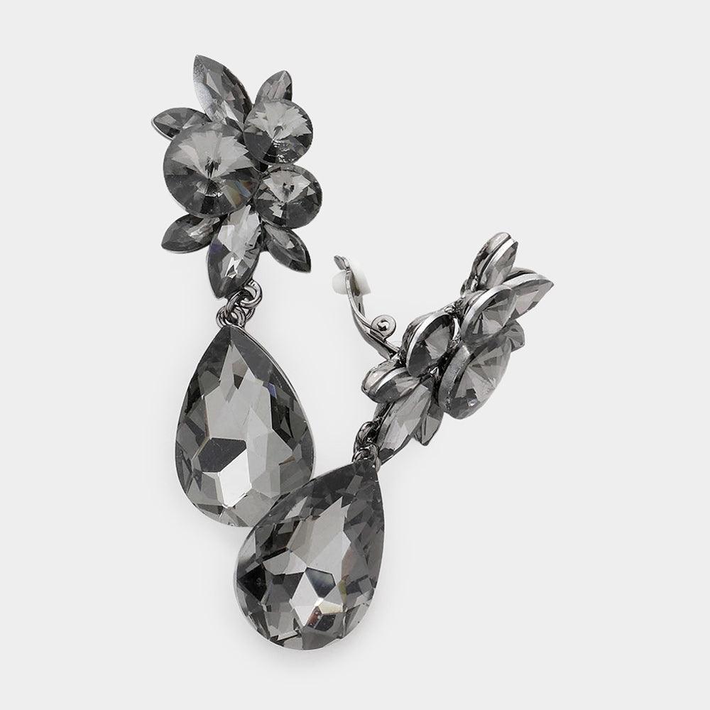 Black Glass Crystal Teardrop Clip on Earrings - Jewelry Store by Erik Rayo
