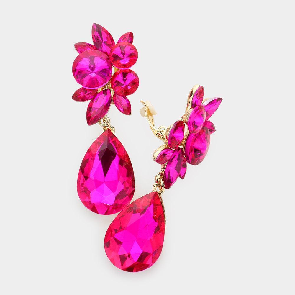 Fuchsia Glass Crystal Teardrop Clip on Earrings - Jewelry Store by Erik Rayo