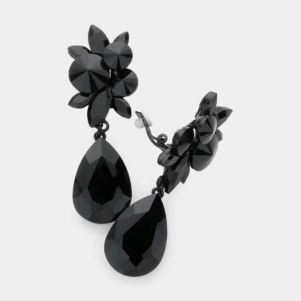 Black Glass Crystal Teardrop Clip on Earrings - Jewelry Store by Erik Rayo