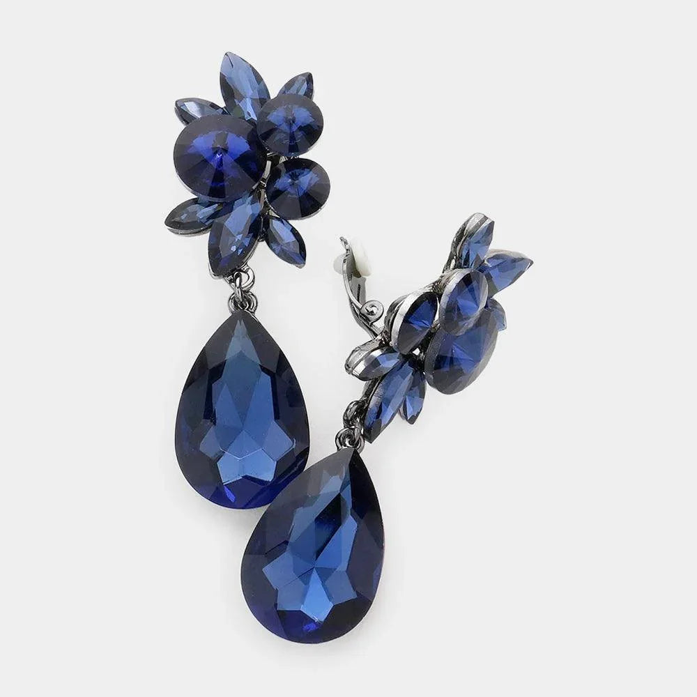 Blue Glass Crystal Teardrop Clip on Earrings - Jewelry Store by Erik Rayo