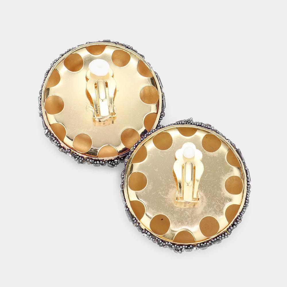 Silver Rectangle Round Stone Cluster Dome Clip on Earrings - Jewelry Store by Erik Rayo