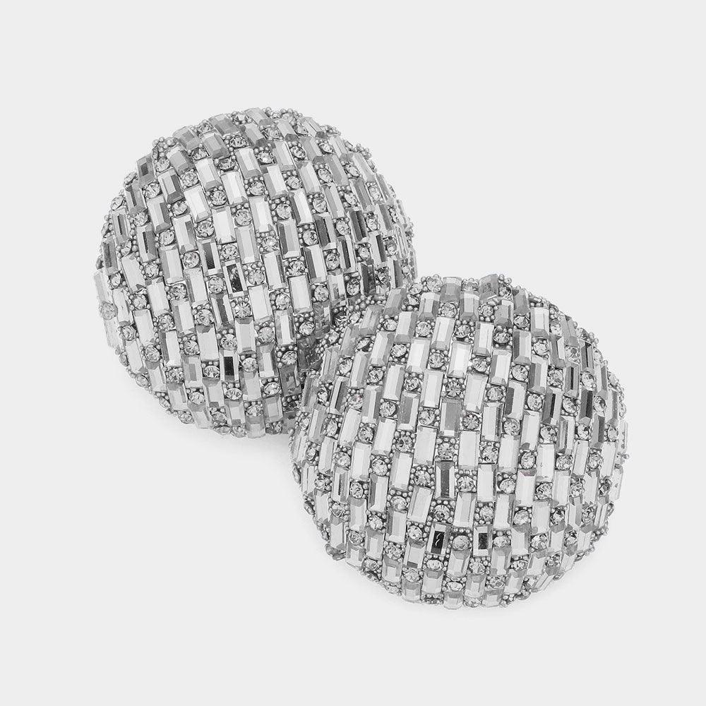 Silver Rectangle Round Stone Cluster Dome Clip on Earrings - Jewelry Store by Erik Rayo